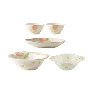KawashimaYa Japanese Style Ceramic Tableware Set - 5 Piece Dinnerware Collection with Soup Bowl, Double Ear Bowl, Soup Plate, and Rice Bowls for Kitchen & Dining