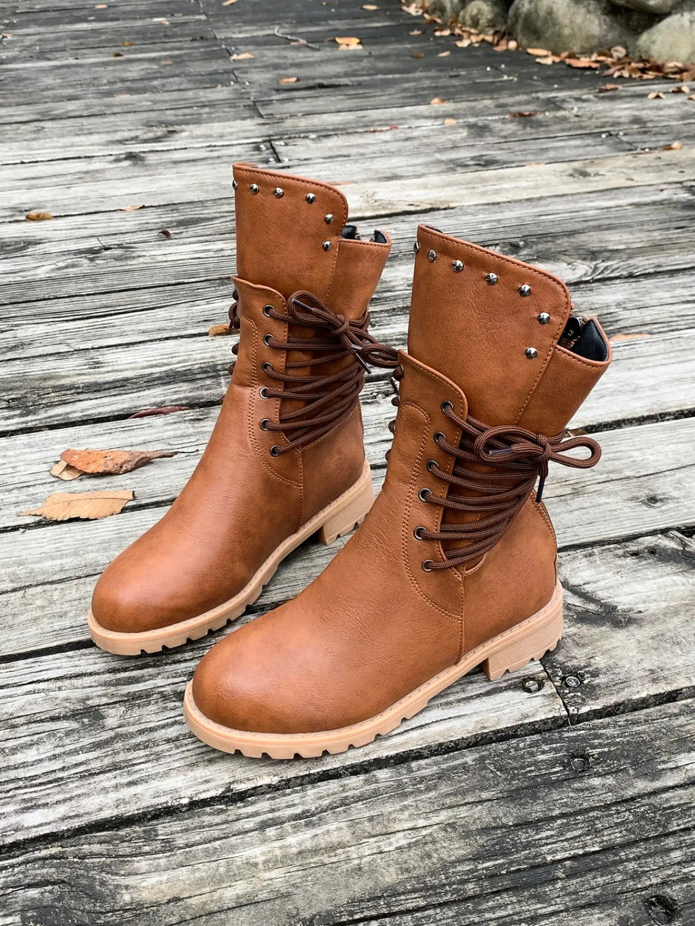 Women's Comfortable Lace-Up Vintage Soul Boots, Large Size Winter Round Toe French Low Heel Boots, Stylish Women's Footwear, Winter Booties, Fashionable Boots, Boots Heels