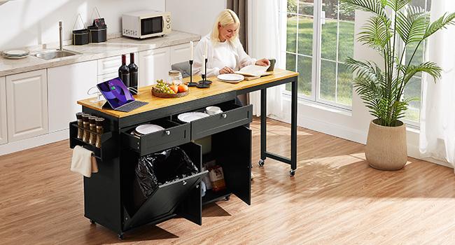 【SPOTLIGHT DAY】ONBRILL 60.2"W Kitchen Island with Two Large Storage Cabinets Drawers Locking Wheels Wood Countertop Power Outlet Spice Rack Paper Towel Holder Rolling Smooth