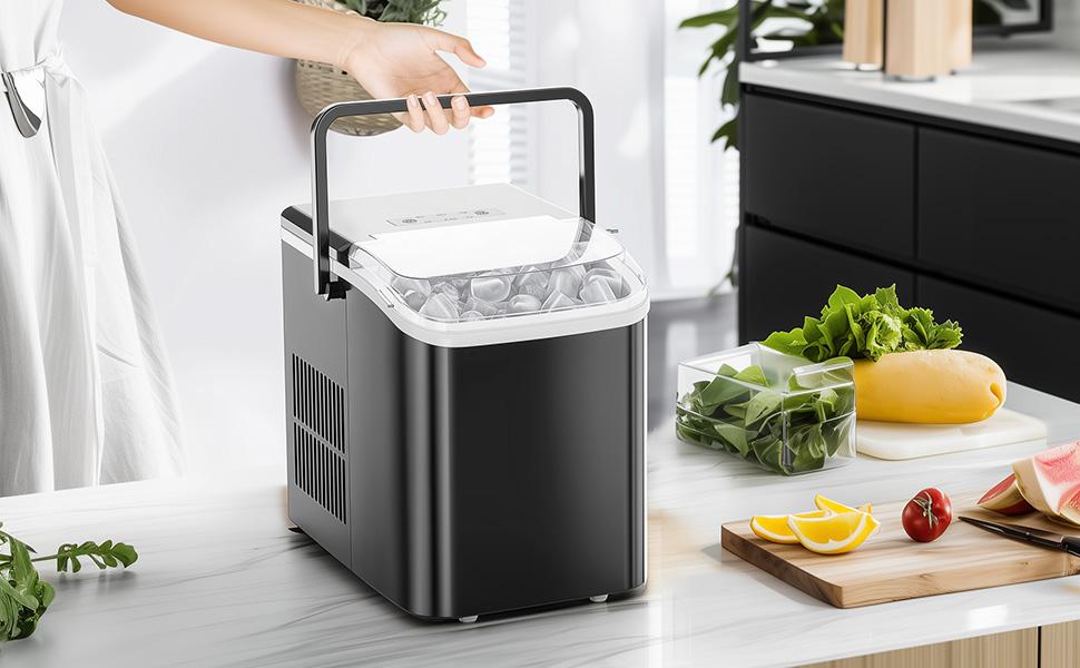 Countertop Ice Maker, Portable Ice Machine Self-Cleaning with Scoop, Basket and Handle, 9 Cubes in 6 Mins, 2 Sizes of Bullet Ice