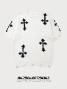 ANDREILEE Women's Spring/Summer Unisex Street Style Knitting Short-Sleeve Streetwear Top, Casual Cropped Drop-Shoulder Knit with Diamond Jacquard, Raw Hem - Niche Style Sweater,summervibes