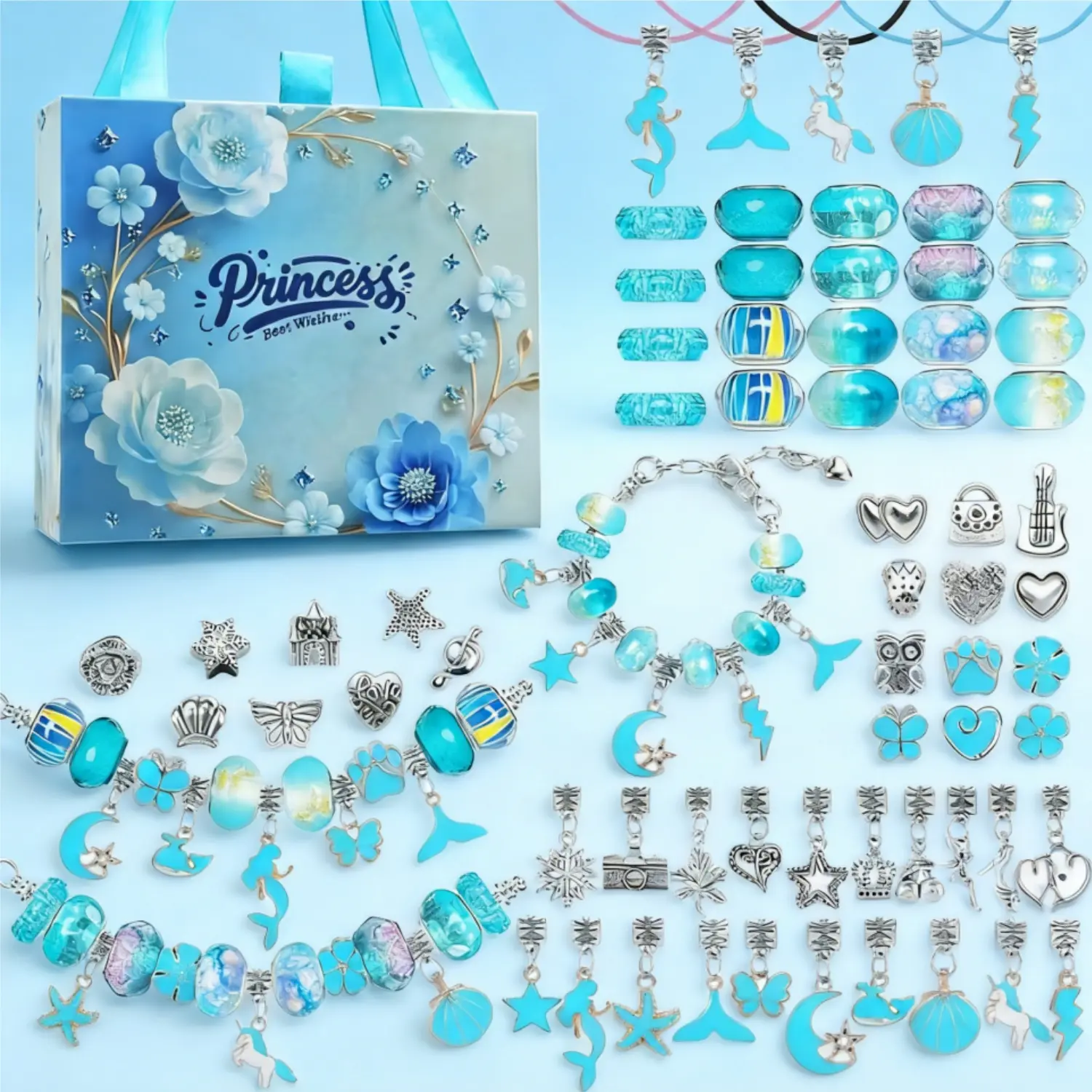 2026 New Ocean Blue DIY Jewelry Making Kit 67Pcs Bead Pendant & Mermaid Charms Supplies Set with Special Gift Box Ocean Theme Charm Bracelet Making Kits for Women Friendship Bracelets Craft Accessories Birthday Gift for Girlfriend Mothers Day Gift Ideas