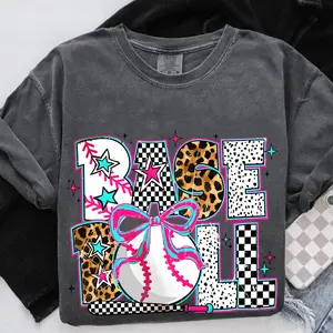 Comfort Colors, Baseball Coquette Funny Tshirt, Preppy Baseball Shirt, Game Day T-Shirt, Basseball Mama Tee, Checkered Baseball Top Womenswear