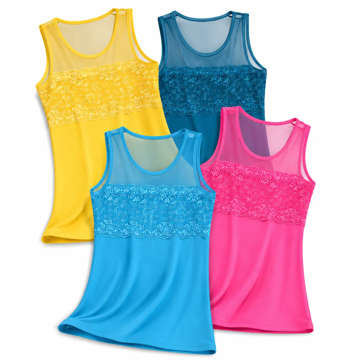 1076# 4PCS Women’s Floral Lace Mesh Tank Tops Sleeveless Scoop Neck Stretch Camisoles One Size