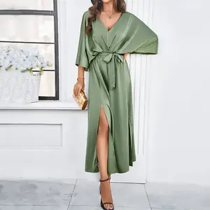 2025 Women Summer V Neck Cold Shoulder Short Sleeve Maxi Dress High Waist Split Wedding Guest Long Dress
