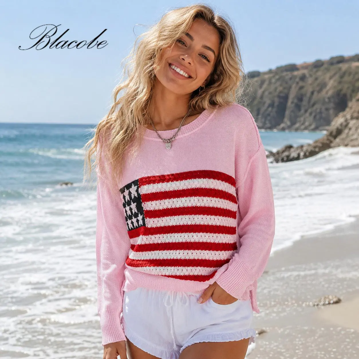Women´s Lightweight Knit Sweater Long Sleeve Crewneck Flag Embroidery Loose Knitwear Streetwear, Casual, Versatile Style—Perfect for Everyday Wear or the Fourth of July Knitting Womenswear
