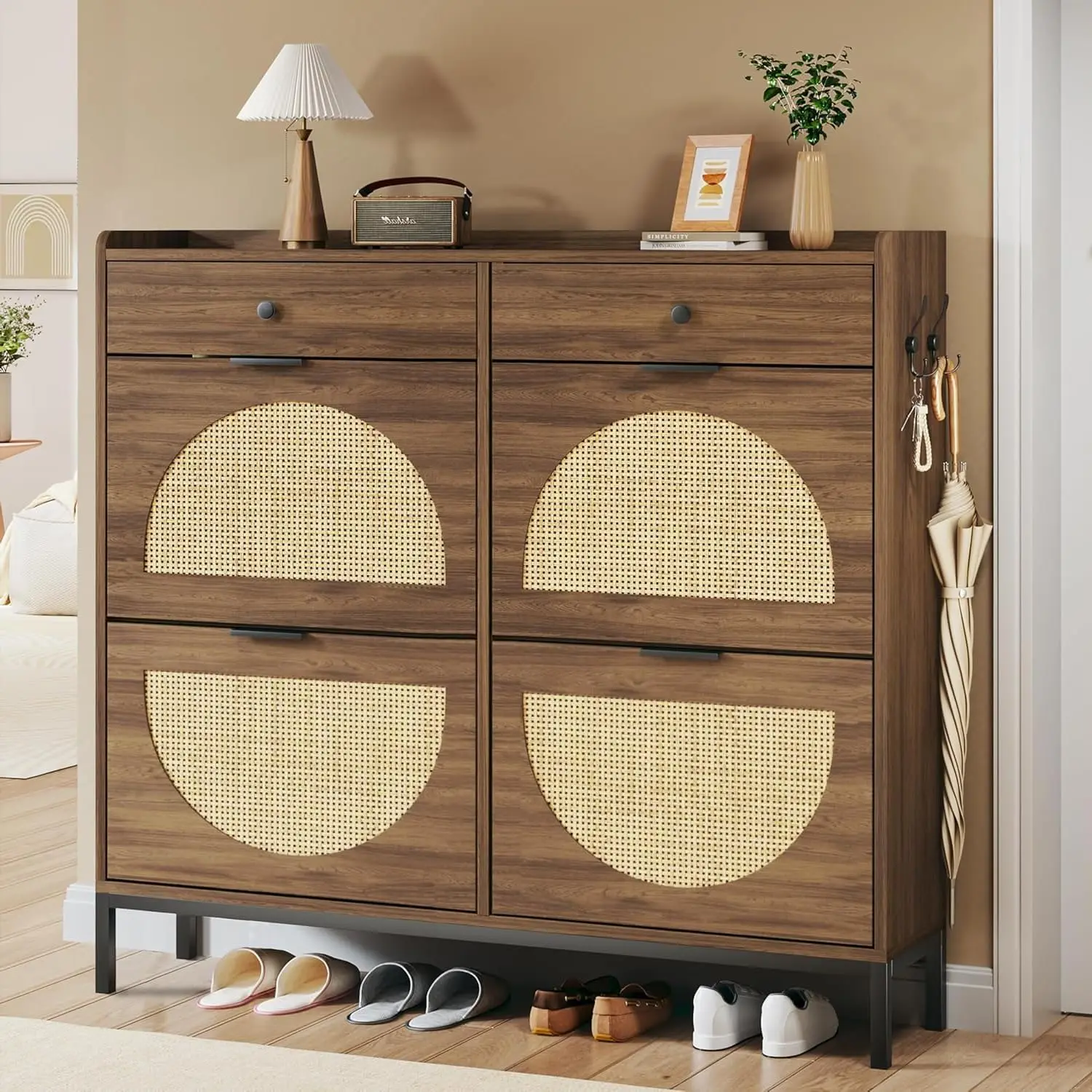 【Summergarden】Rattan Shoe Cabinet with 4 Flip Drawers, Shoe Storage Cabinet with Adjustable Shelves, Narrow Shoe Cabinet with Metal Legs & Handles for Entryway, Hallway, Organizer, Rustic Oak Rattan