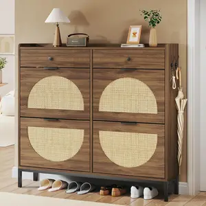 Rattan Shoe Cabinet with 4 Flip Drawers, Shoe Storage Cabinet with Adjustable Shelves, Narrow Shoe Cabinet with Metal Legs & Handles for Entryway, Hallway, Organizer, Rustic Oak Rattan