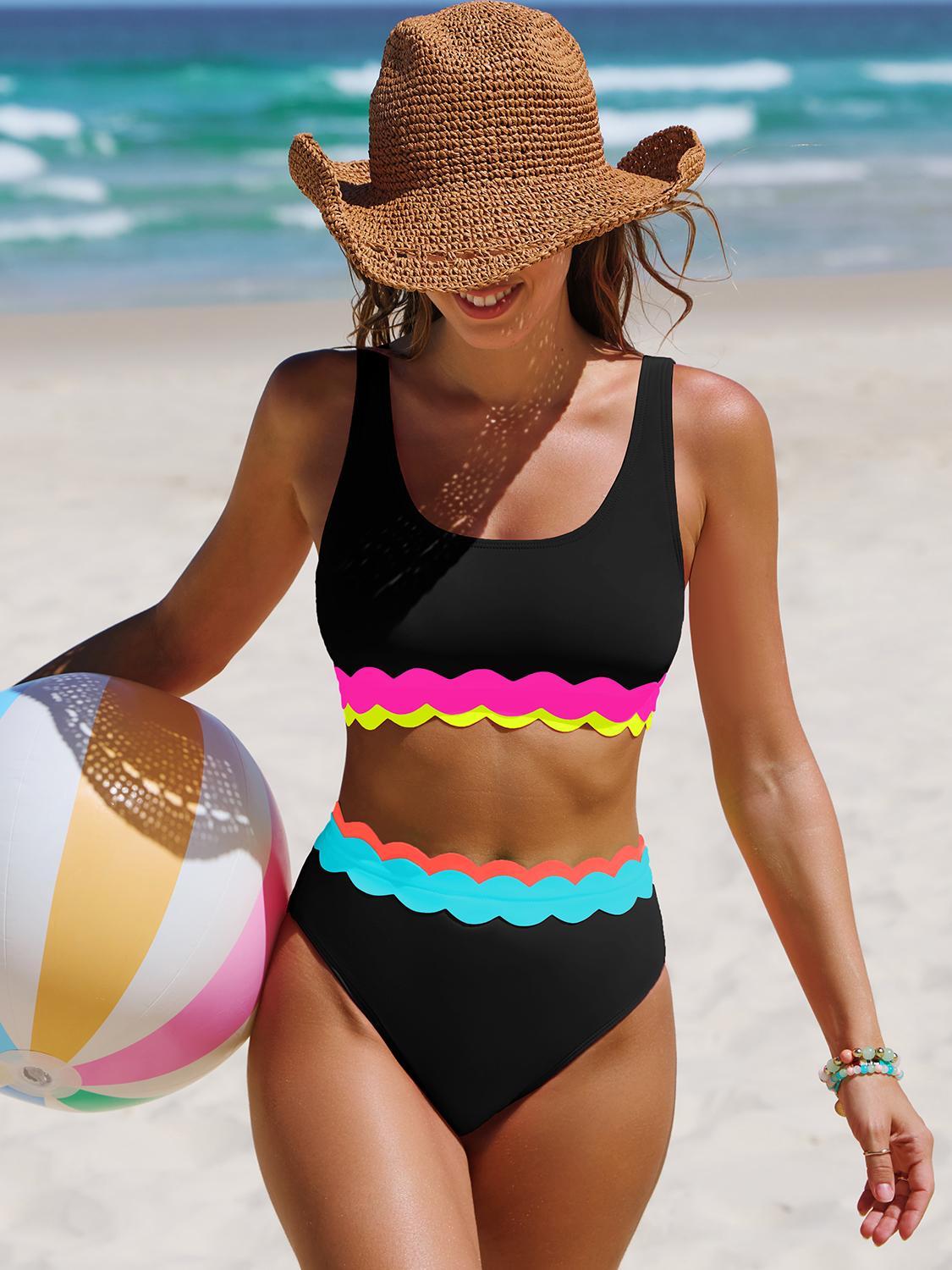 Popvil Resort Petal Edge High-Waisted Slimming Bikini Set Vacation Scalloped Trim Bikini Set for Women