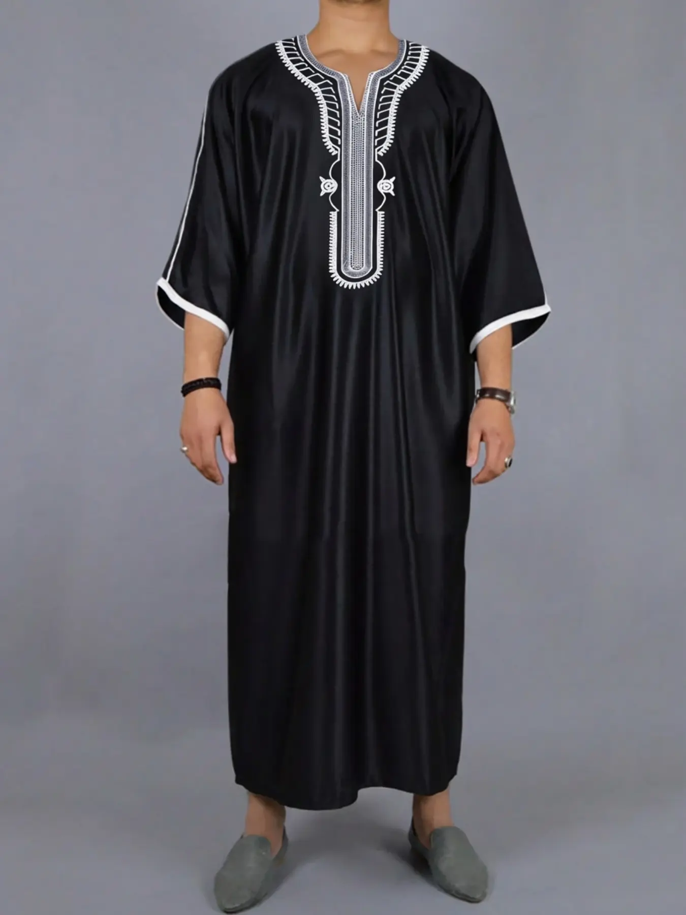 Men's Embroidered Contrast Binding Kaftan, Casual Notched Neck Batwing Sleeve Long Kaftan, Fashion Modest Men's Islamic Clothing, National Day Clothing, Thobe