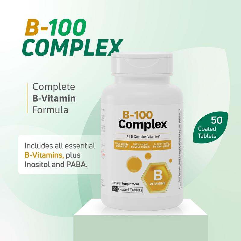 B-100 Complex – Complete Vitamin B Formula – 50 Coated Tablets