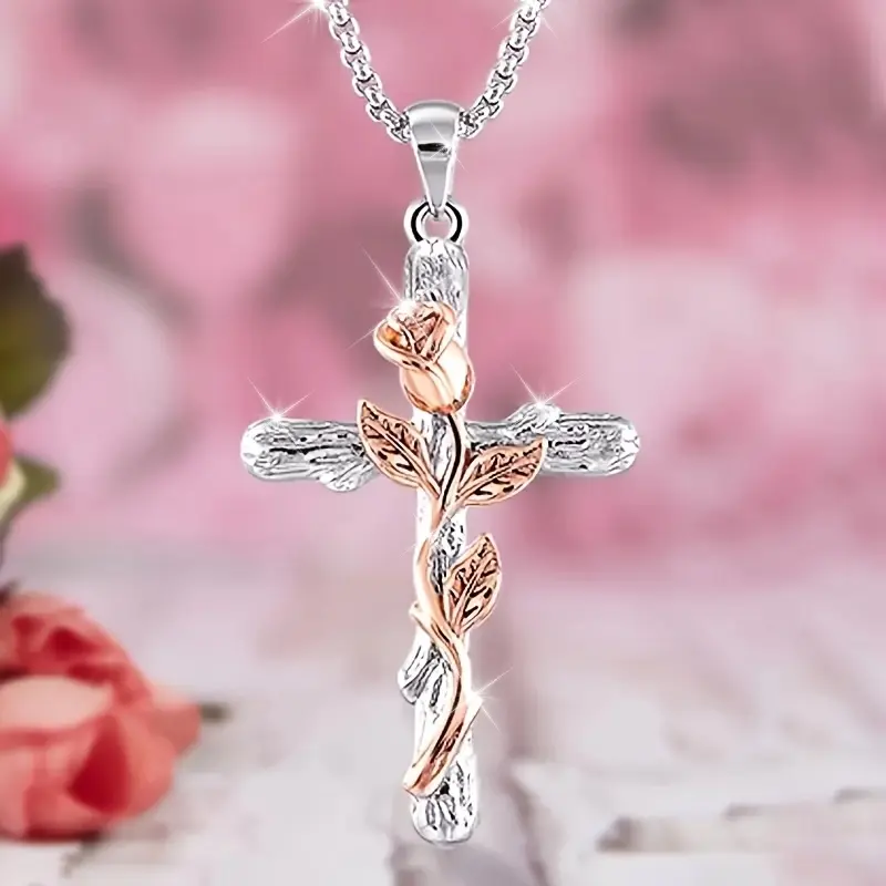 Large Children's Cross Pendant Necklace with Rose Flower Motif, Avant-Garde Theme Zinc Alloy Chain Jewelry Necklaces