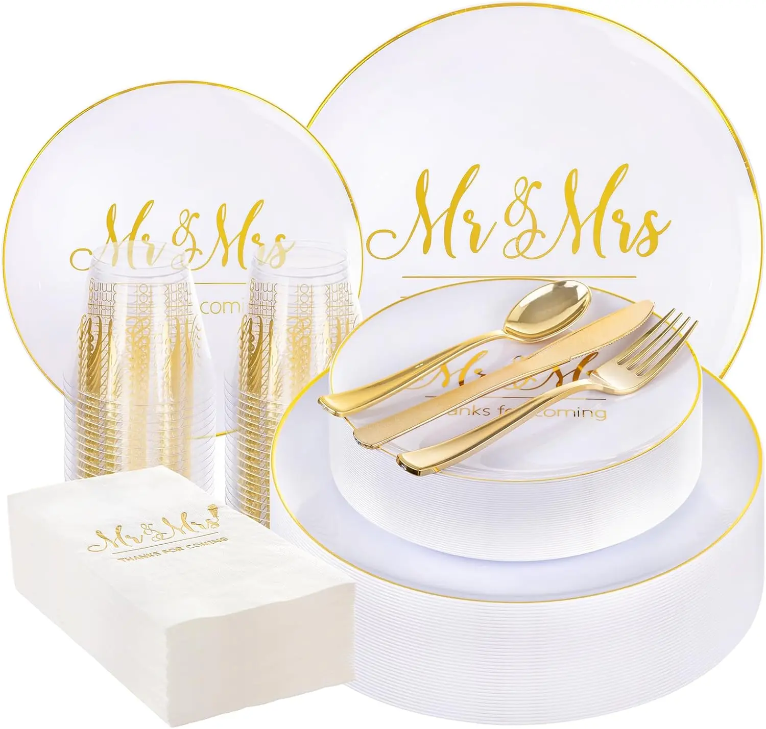 I00000 Mr and Mrs Wedding Plastic Plates and Napkins Set,Bridal Shower Plates Set for 25 Guests Include 25 Dinner Platos,25 Dessert Platos,25 Cups,25 Napkins,25 Gold Cutlery for Engagement Party Decor, Disposable, Sturdy, Utensil, Party Supplies, Gold Par