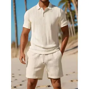 Men's solid color jacquard short sleeved lapel shirt shorts two-piece set, regular fit, casual fashion, comfortable and breathable daily outdoor clothing, summer men's clothing