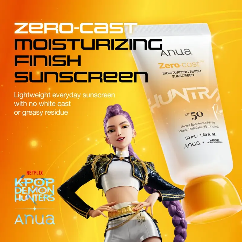 Product Introduction of [Anua Official Shop] Zero-cast Moisturizing Finish Sunscreen (50ml) ｜SPF 50, korean sunscreen, sun protection, waterproof, no white cast, lightweight, korean skincare, makeup longevity, KPop Demon Hunters Limited Edition Version 5