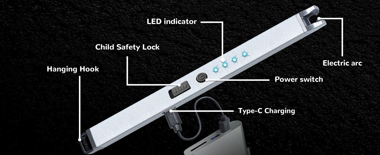 3 Pack Electric Candle Lighter USB Rechargeable Lighters Windproof Plasma Arc Lighters Flameless Type C Long Lighter with Safety Switch for Candle BBQ Camping Birthday Fireworks