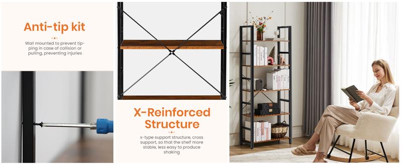 5 Tier Bookshelf: Modern Industrial Corner Storage Organizer for Bedroom, Home Office-Tall Bookcase for Books, Garage Kit, CDs, Movies