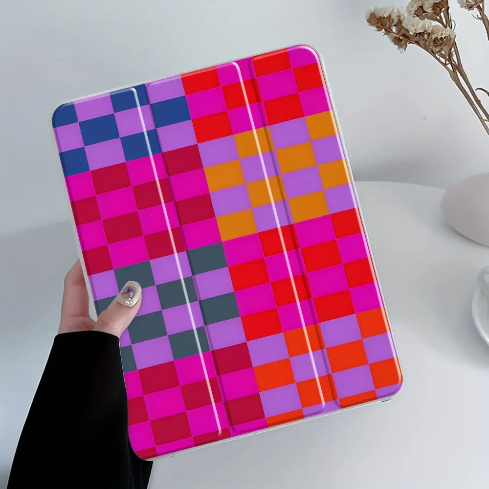 Neon Pink Checkered iPad Case, Tablet Accessories, Tablet Cover, Tablet Casing, Tri-Fold Stand Case, Transparent Acrylic Hard Back, Y2K Pencil and Charger Slots, Ultra-Thin Scratch-Resistant Design for iPad 10.2inch, Mini, Ideal for Work and School