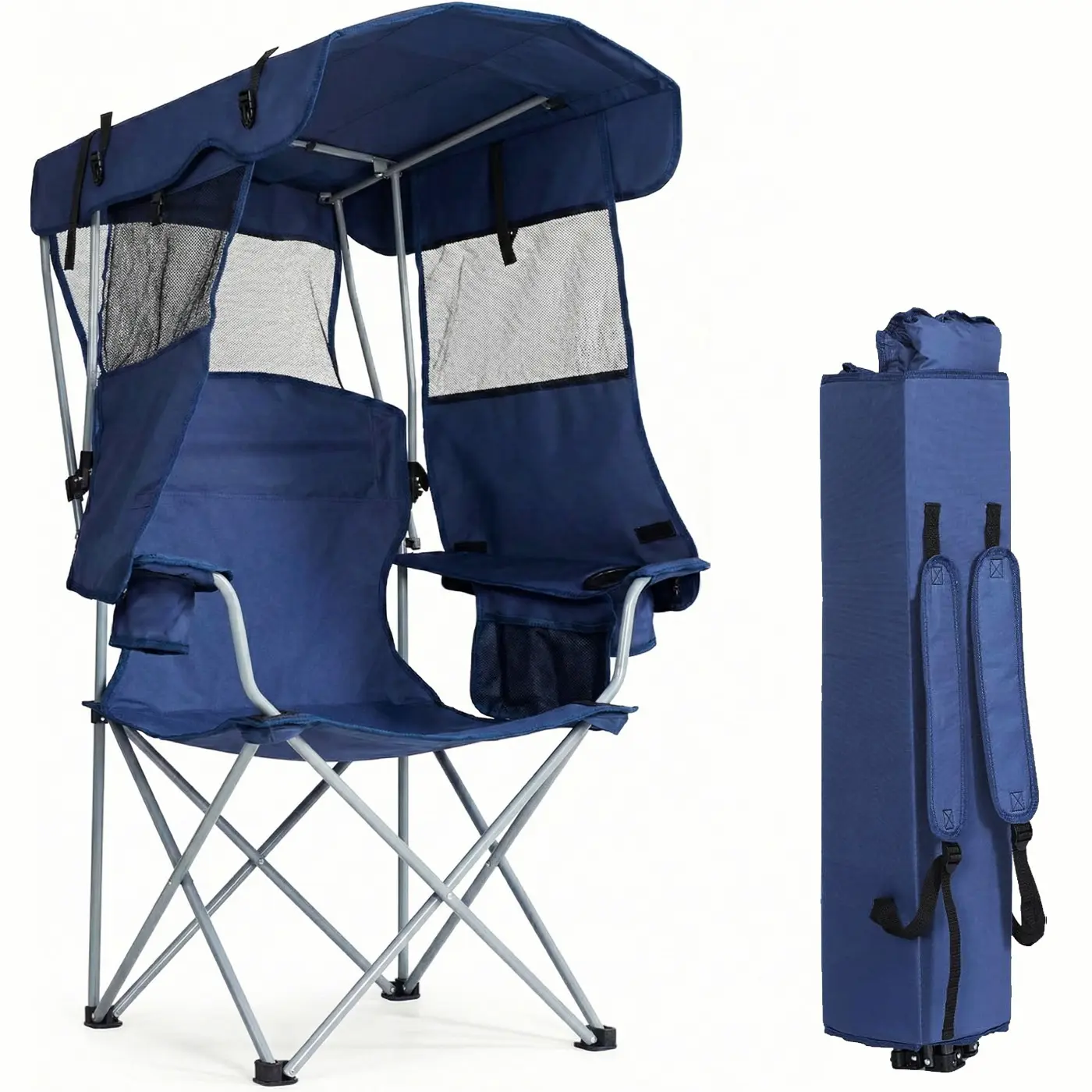 VUFPRYE Oxford Camping Lounger - Collapsible Lightweight Beach Chair with Steel Frame Strong Support, Versatile Shade Canopy, Cup Holder, Side Pocket, 330 LBS Capacity for Outdoor Relaxation
