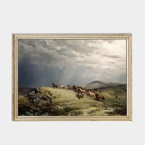Vintage Horses in Mountain Landscape Art Print: Moody Rustic Painting