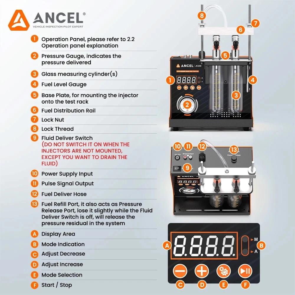 ANCEL JC200 2-Cylinder Fuel Injector Tester & Flow Cleaner | Removes Light Surface Deposits During Testing, Adjustable Pressure, Built-in 12V Pump for Cars & Motorcycles