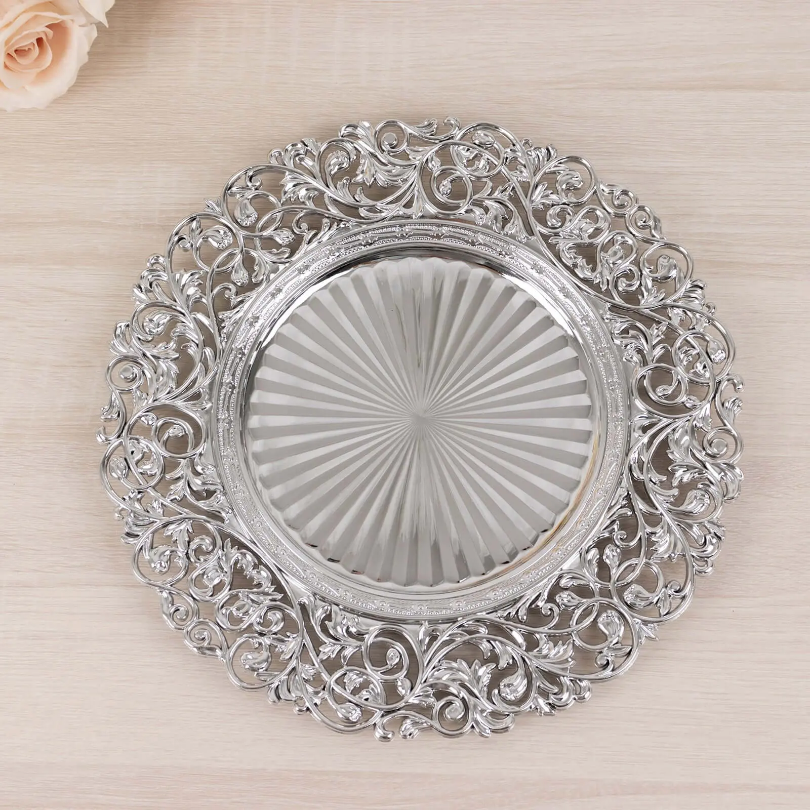 6-Pack 13-Inch Round Silver Acrylic Charger Plates with Vintage Floral Carved Rim - Hand Wash Only Kitchen Tabletop Decorative Tableware for Celebrations