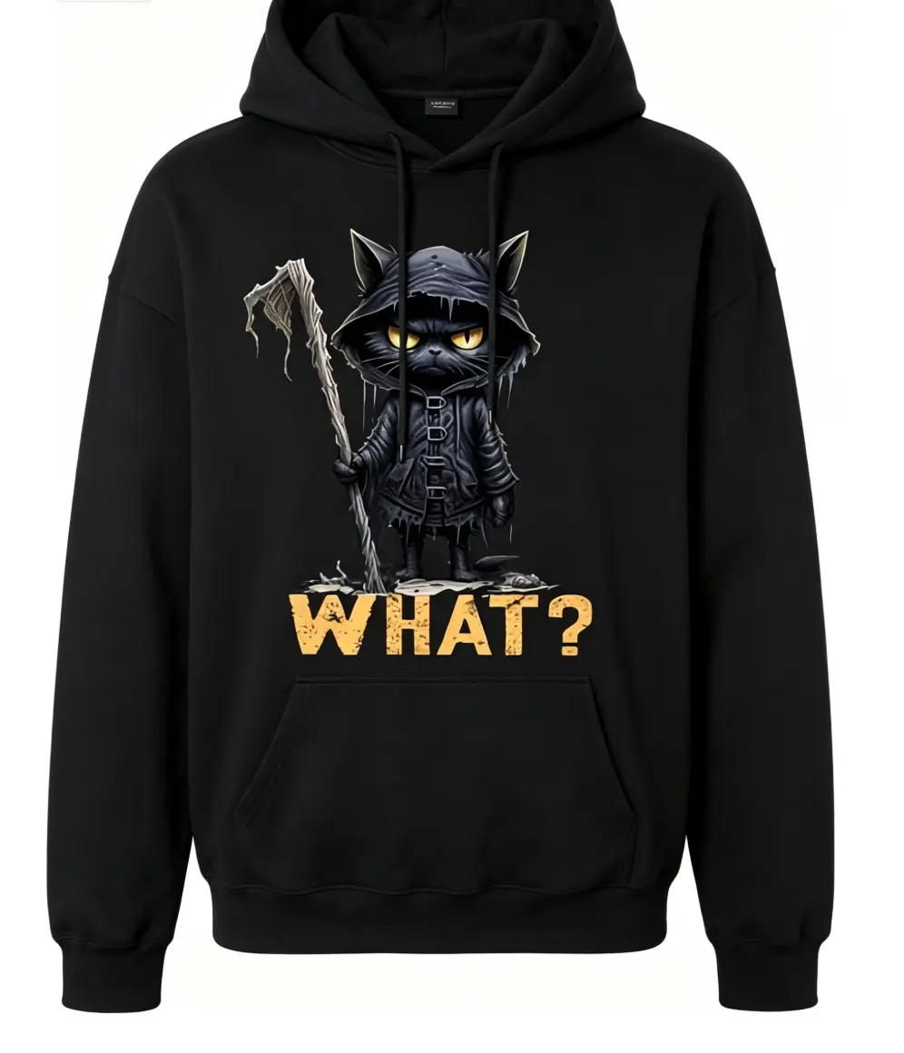 Grim Reaper Black Cat What? Graphic Fleece Hoodie, Gothic Halloween Pullover Hoodie, Casual Daily Outfit, Holiday Gift, Vintage Retro All‑Season Style