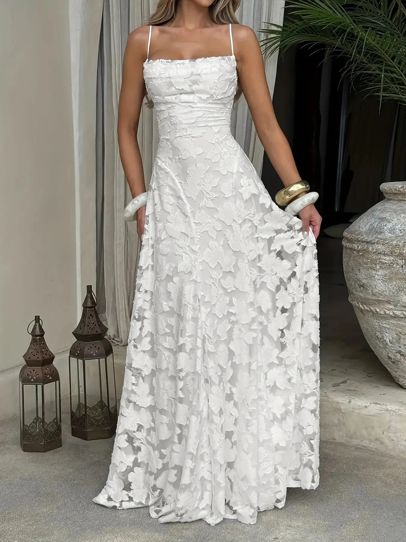 Women's Elegant White Lace Formal Dress, Sleeveless Woven A-Line Gown with a Backless Waist-Cinching Fit for Summer Evening Parties, Off The Shoulder, Wedding Guest Dresses, Elegant Formal Dresses 2026