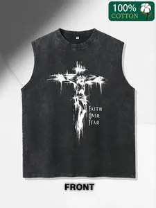 Men'S Cotton Sleeveless Tank Top with Inspirational "Faith Over Fear" Print - Breathable, Moisture-Wicking, Lightweight & Comfortable for Outdoor Sports, Family Gatherings, and Casual Wear - Perfect G