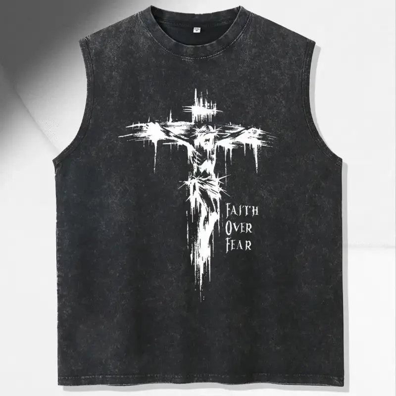 Menswear Faith-Over-Fear Vibe Casual Sports Crew Neck Graphic Tank Top - Athletic Vintage Distressed Cotton Sleeveless, Figure-Fitted, Lightweight Breathable All-Season Vest, Machine Washable, Father's Day Gift (Up to 3XL)