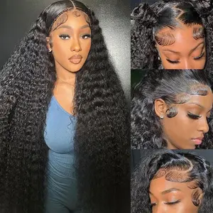 Deep Wave Lace Front Wigs Human Hair 180 Density 13x4 HD Transparent Frontal Wigs Human Hair for Women Deep Curly Glueless Wigs Human hair Pre Plucked with Baby Hair Natural Black