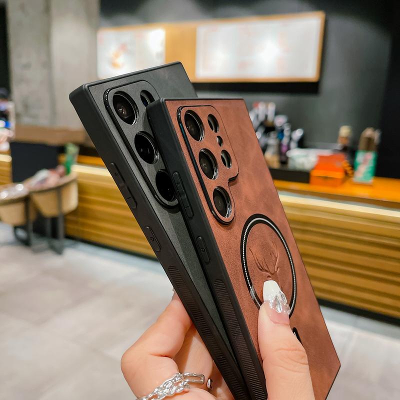 Magnetic Wireless Charging Leather Phone case for Samsung S25 Ultra S24 S23 S22 S21, Soft Shockproof case with Full Lens Protection