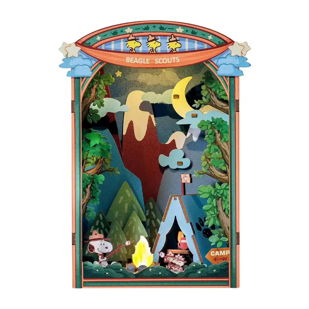 Wood Hand-Crafted Peanuts Snoopy's Beagle Scouts Book Nook Kit, Vibrant Miniature Collectibles Set for Campers & Peanuts Collectors, Home Decoration