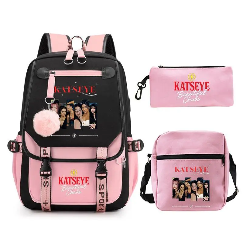 Katseye Beautiful Chaos Group Photo Print Pink Black Sport 3 In 1 Backpack Set Teen Girls School Daypack Crossbody Bag Pencil Case Combo