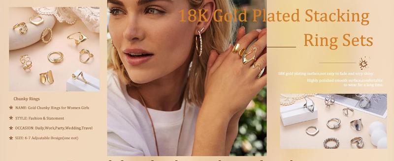 FIBO 9 Pcs Chunky Gold Rings Set for Women 18K Gold Plated Adjustable Open Dome Rings Statement Signet & Liquid Metal Wave Finger Jewelry Aesthetic Trendy Pack for Party Gift