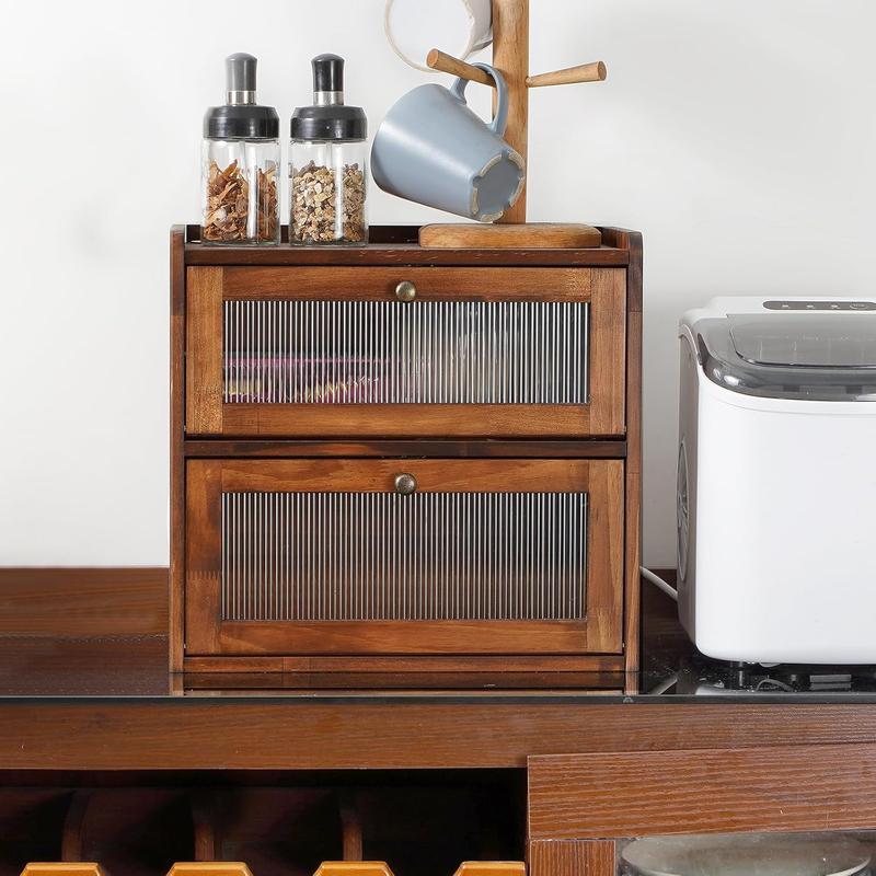 2-Tier Wooden Bread Box for Kitchen Countertop, Large Capacity Bread Storage Container with Clear Acrylic Window & Ventilation Holes, Brown Finish Bread Keeper for Loaves, Pastries & Baked Goods