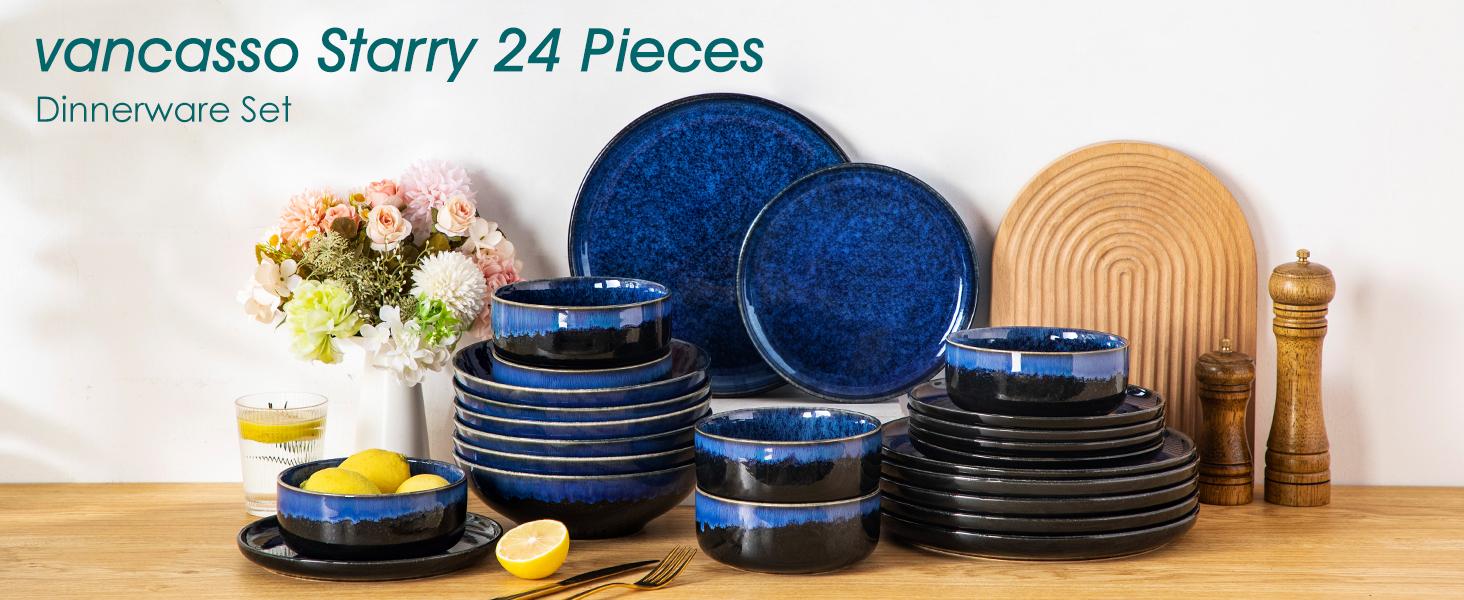 Vancasso Starry Lipped-Edge Piece Dinnerware Set, Reactive Glaze Plates & Bowls Set, Stoneware Set, Dishwasher, Microwave Safe, Cutlery Tableware set, Includes Dinner Plates, Dessert Plates, Soup Plates and Cereal Bowls