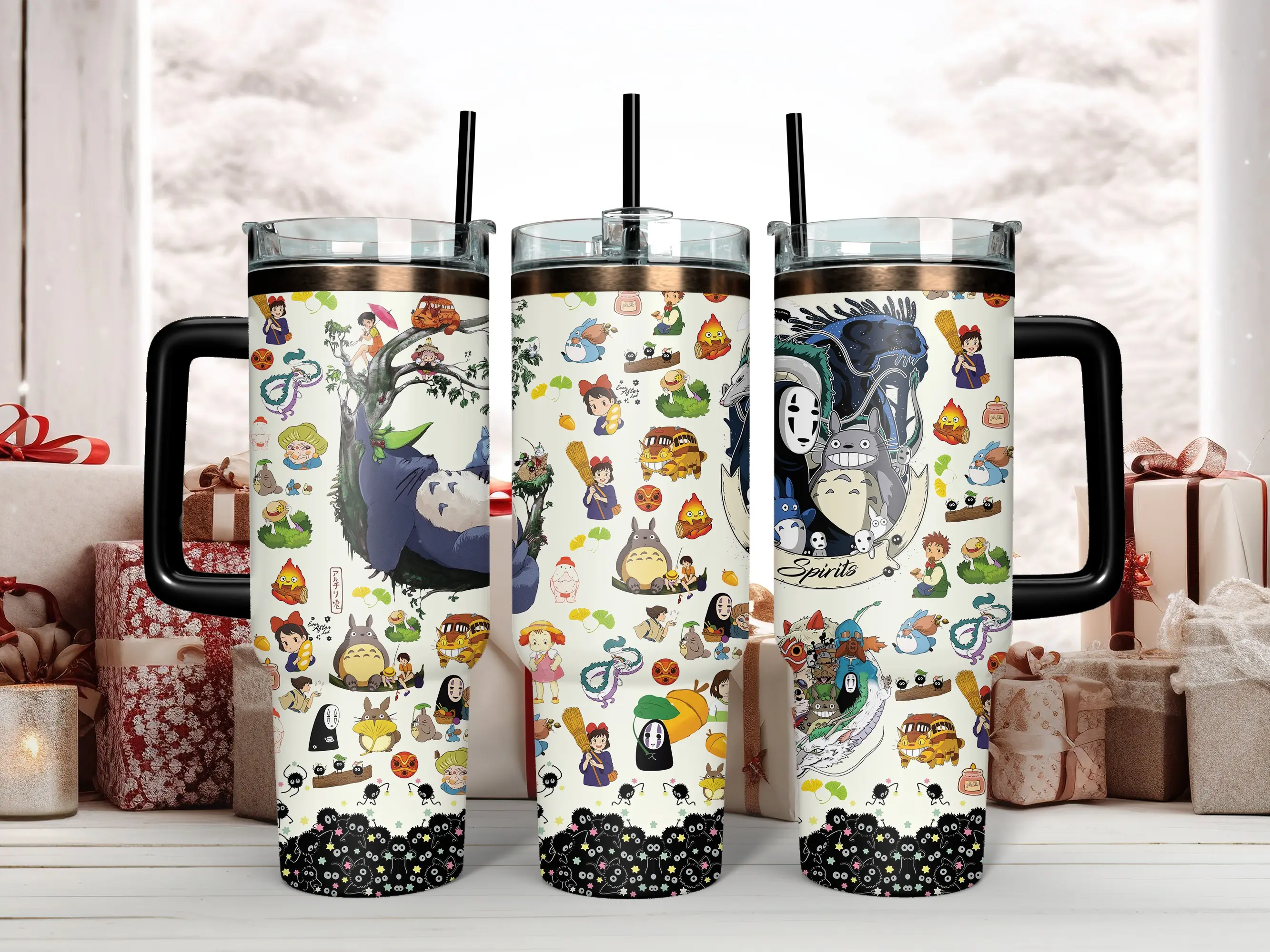 Studio Ghibli Insulated BPA-Free Portable Drinkware Set - 40oz Tumbler Mug with Handle & 2-in-1 Lid, 20oz Skinny Curved Tumbler with Straw, Totoro/No Face/Calcifer Reusable Fan Gift