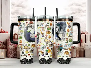 Studio Ghibli 40oz Tumbler with Handle and 20oz tumbler skinny and curve | Totoro, No Face & Calcifer Anime Travel Mug with Straw | Premium Insulated Stainless Steel Fan Gift Idea