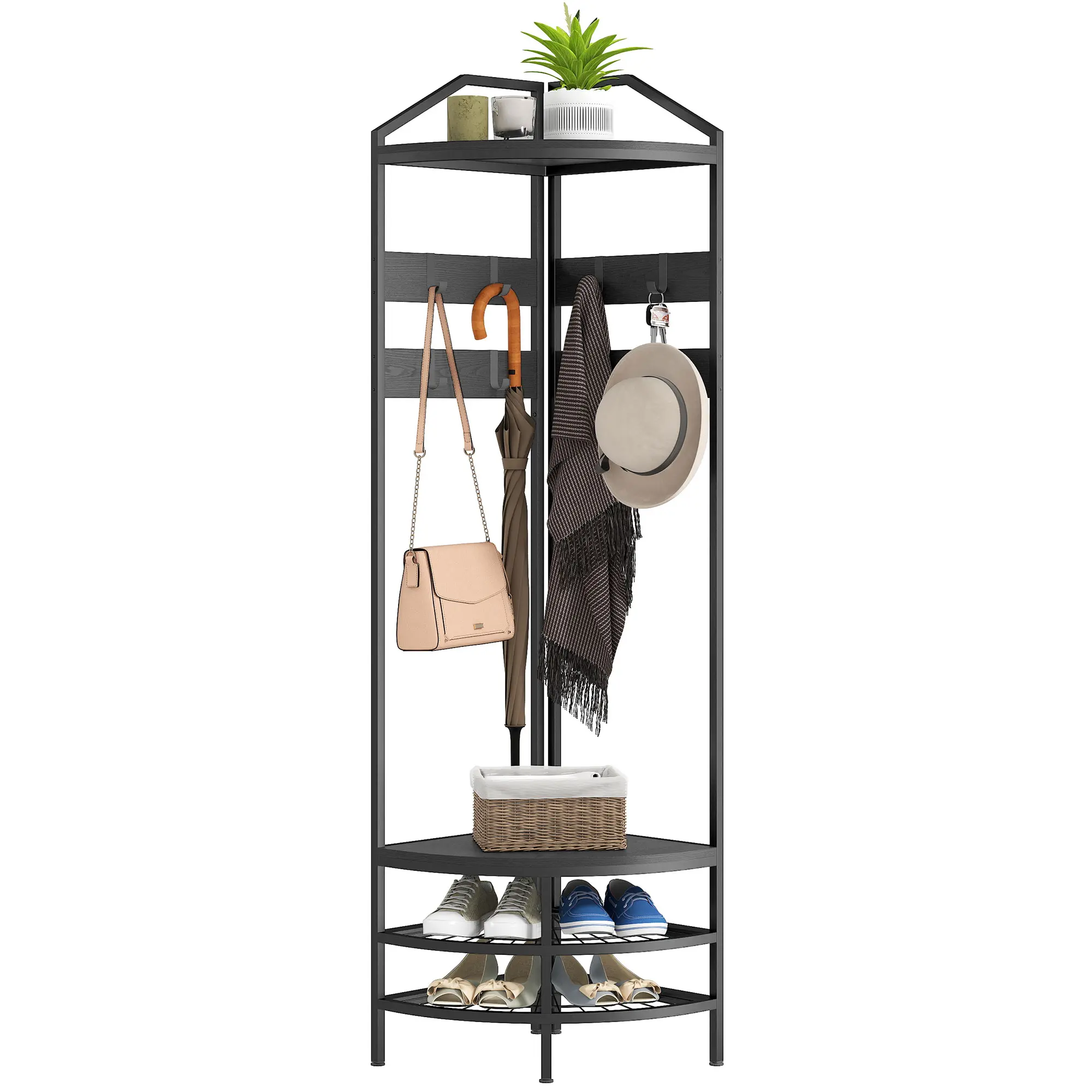 HOMCOM Corner Hall Tree, Industrial 4-Tier Coat Rack with Shoe Storage, 8 Movable Hooks and 2 Storage Shelves, Freestanding Entryway Coat Rack with Steel Frame for Hallway