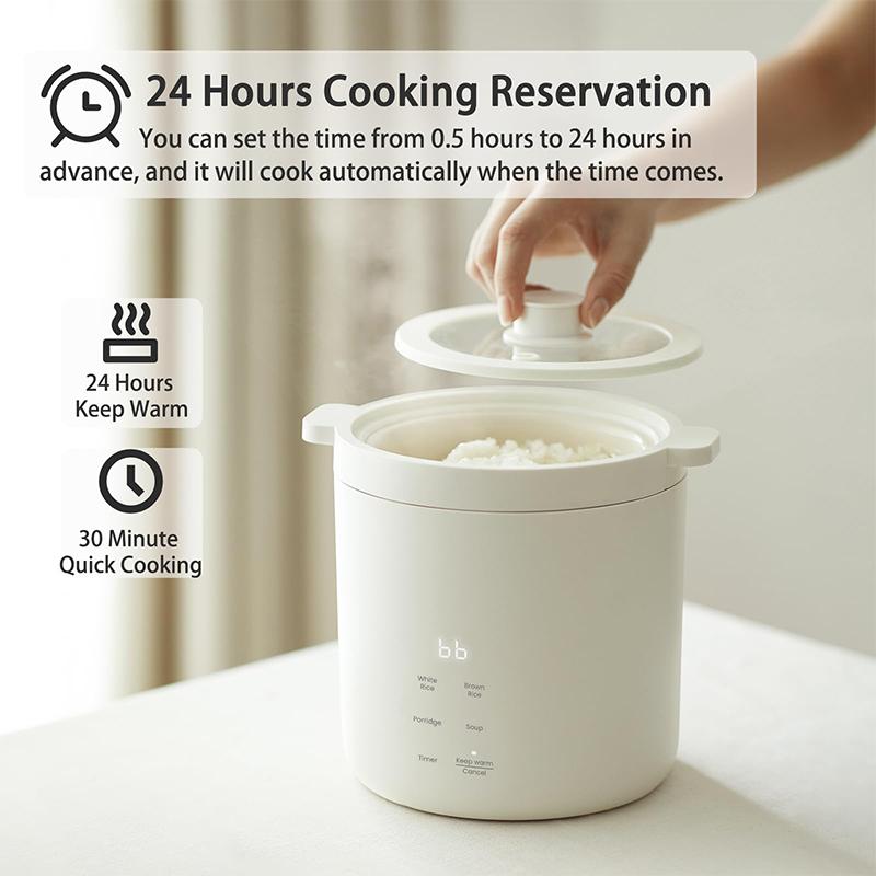 MALMES Mini Rice Cooker 2 Cup Uncooked, Small Electric Cooker, with 4 Cooking Functions, 24 Hour Preset and Heat Preservation, Anti Scald Carry Handle