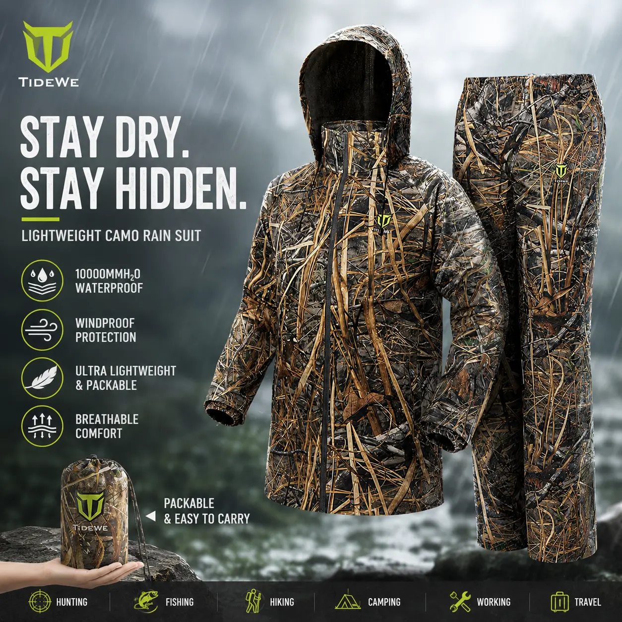 TIDEWE Rain Suit, Lightweight Waterproof Breathable Rain Coat & Pant for Outdoor Activities Working Suit Daily Wear field gear mens clothing Rainproof Full Body Cover