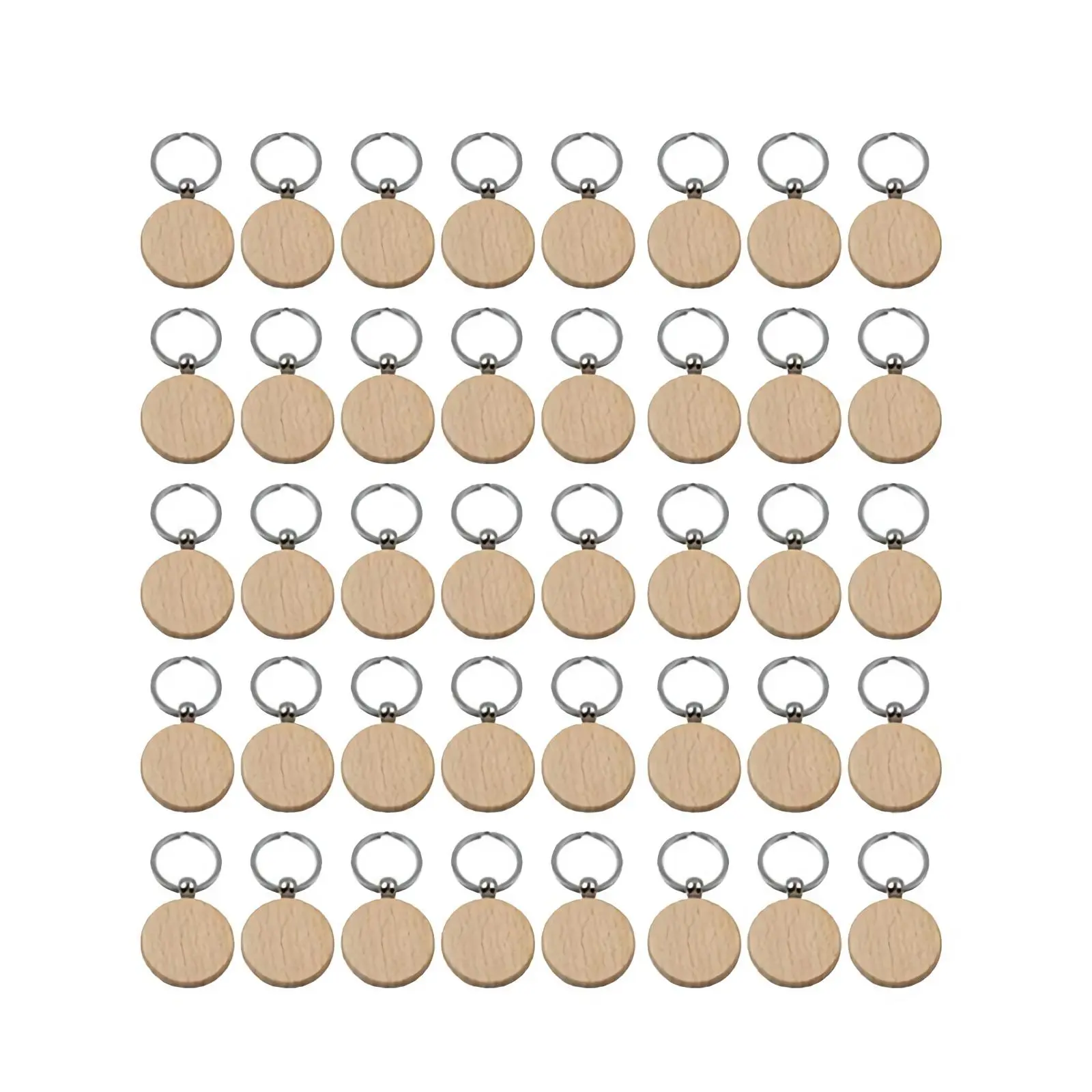 Solid Wood Key Rings Multipack, 40 Pcs Blank Round 40mm Wooden Keychains, Engravable Tags for DIY Crafts and Party Favors, Silver, 40Mm In Diameter