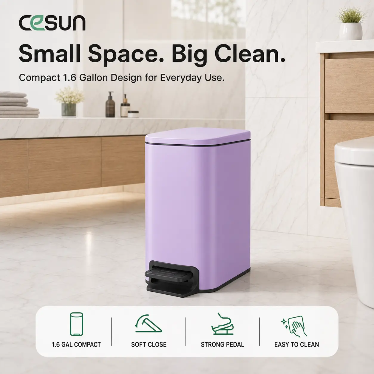 Cesun Small Stainless Steel Bathroom Bin - 6L/1.6 Gal Step Pedal Trash Can with Soft-Close Lid, Removable Inner Bucket, Anti-Fingerprint Finish, Pink, Stainless Steel Bin,Purple