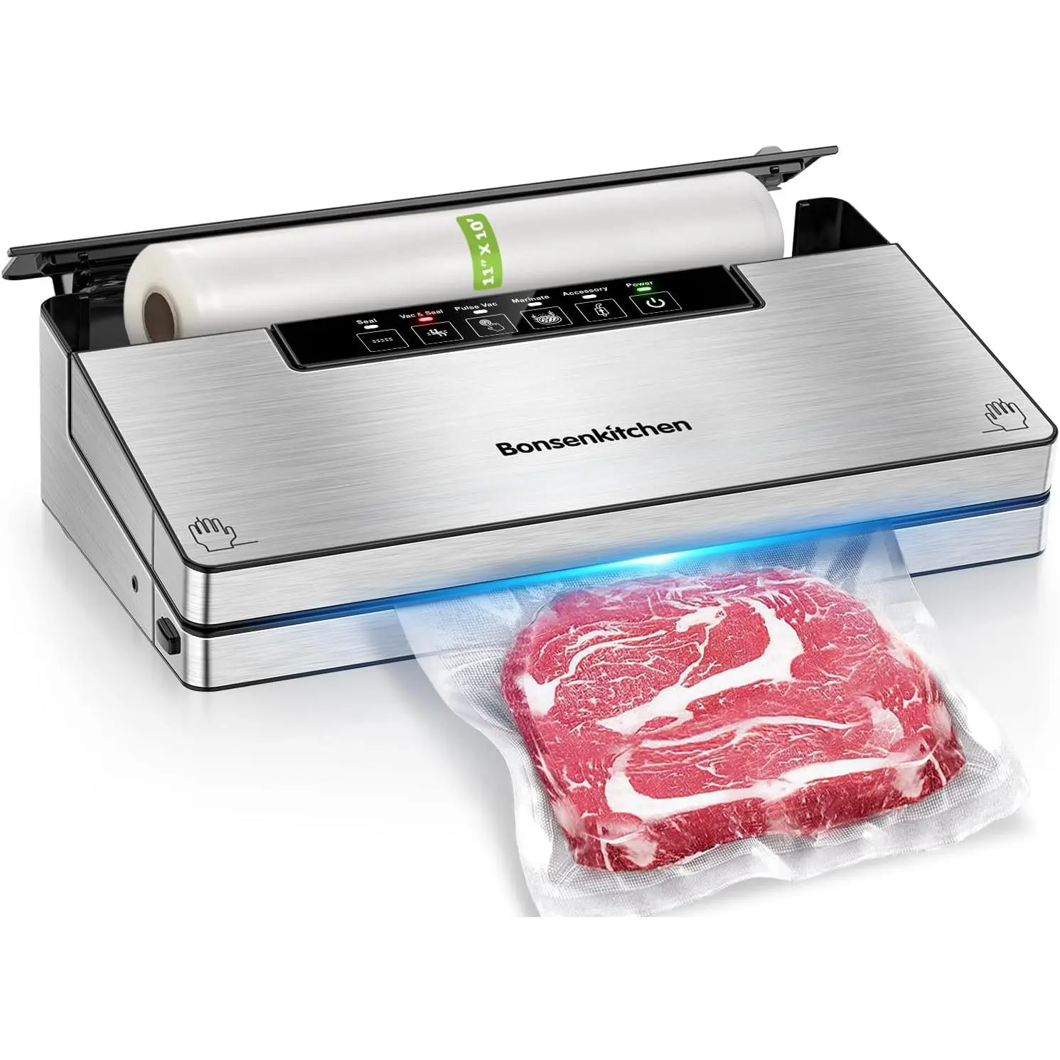 Bonsenkitchen Stainless Steel Kitchen Vacuum Sealer Machine - Powerful Device with 5 Modes, Built-in Cutter, Storage, Globefish Technology for High-Speed Continuous Use, Airtight Seal, Automatic Function, Includes 1 Roll,home essentials