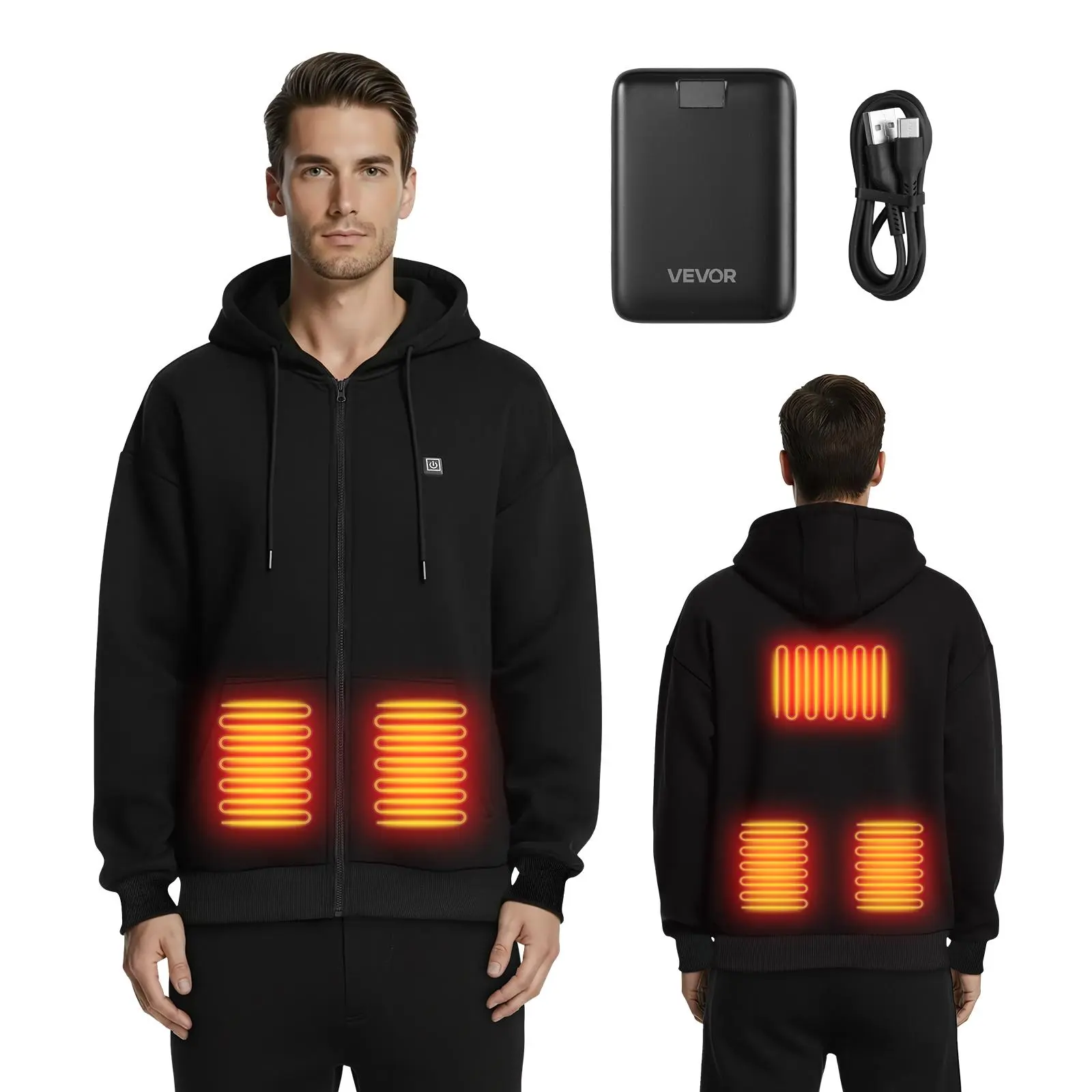 【Summerfinds】VEVOR Heated Hoodie Top - Unisex Full-Zip Fleece Cotton Layer with 7.4V 16000mAh Power Bank, 5 Heating Zones, 3 Temp Levels, 4-8H Warmth for Winter Outdoor Camping (Black)