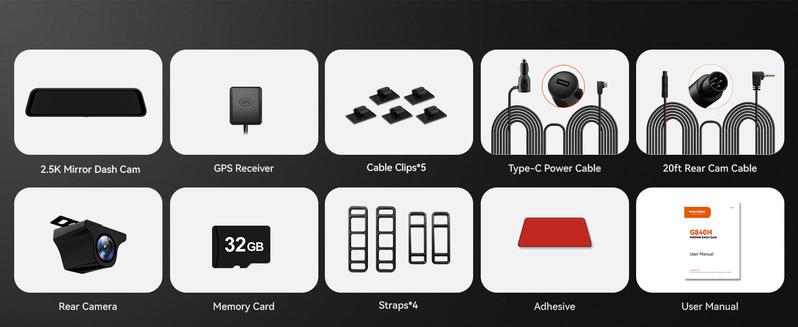 WOLFBOX G840H 12'' Mirror with WiFi Front and Rear Dash Cam - 24 Hours Recording, 1440P, 32GB Card Included, GPS Module, 1080P Backup Camera, 11.5ft Car Charger, 20 ft Cable TikTokShopHolidayHaul