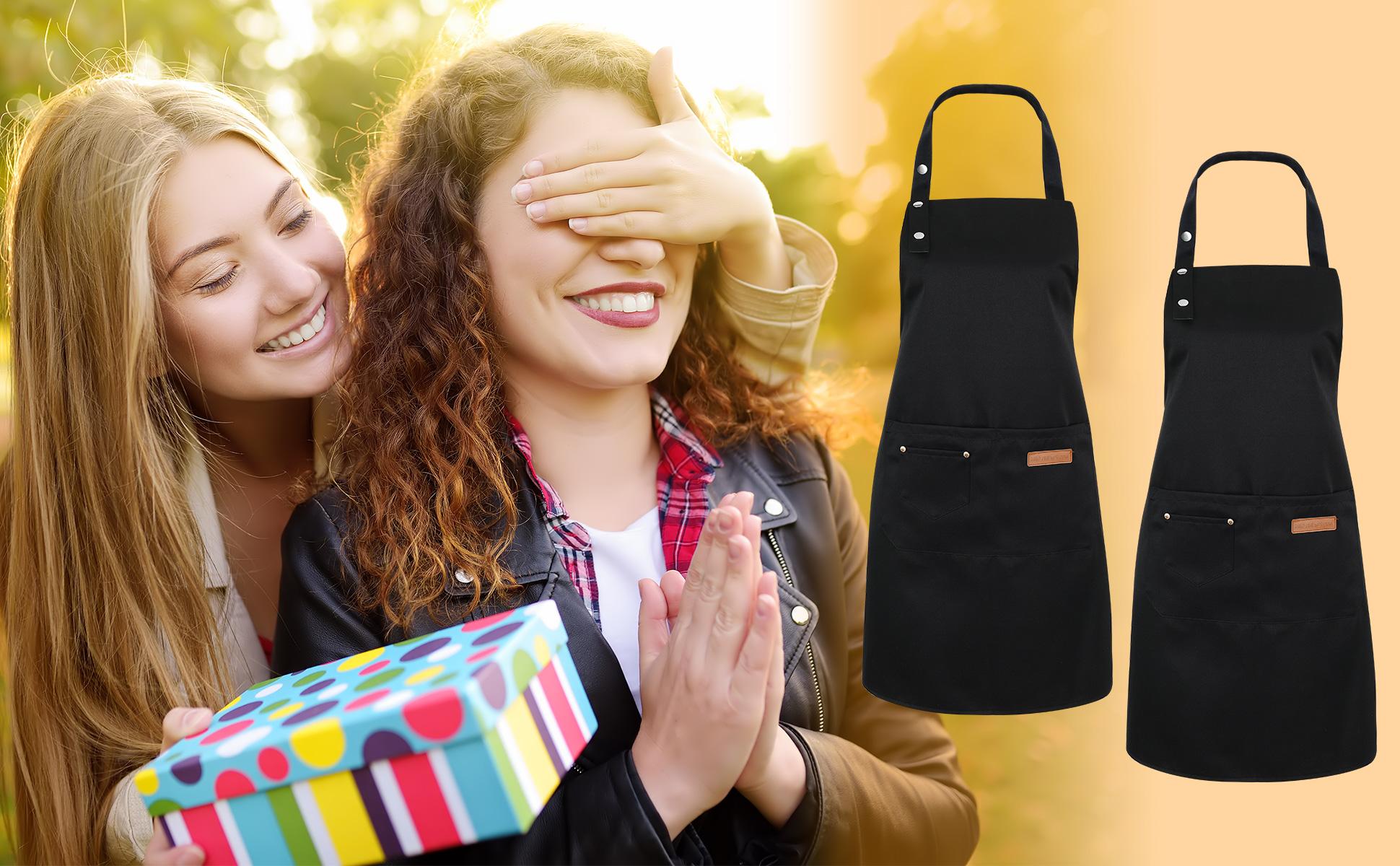 2 Pack Kitchen Aprons for Women Adjustable Cooking Aprons with Pockets Waterproof Chef Aprons in Black Polyester Material 75cm Length 65cm Base Width Practical Pockets & Adjustable Neck professional apron