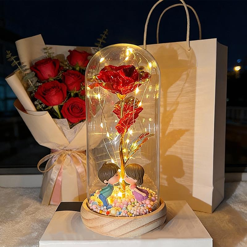 Valentine's Day simulation gilt roses, creative wooden base glass cover with couple dolls, colorful foam balls, AA battery power supply, gift box packaging suitable for Valentine's Day gifts, romantic night lights in home bedrooms