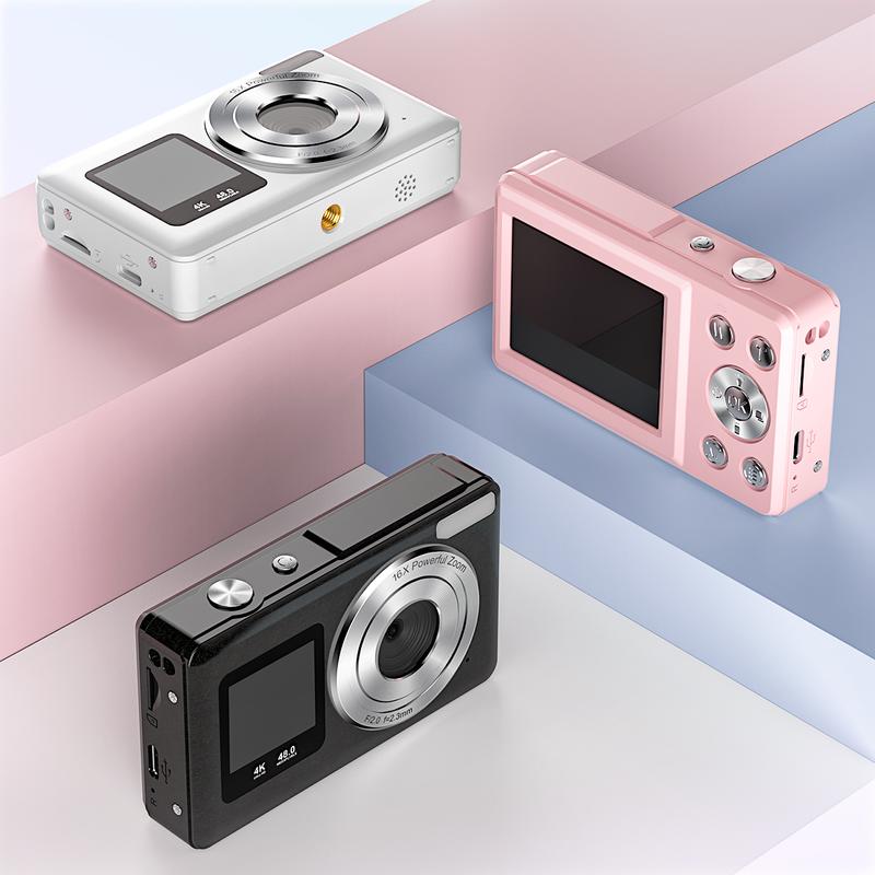 【Valentine's Day gift】HOTU Dual Screen Selfie Camera 4K Mini Y2K Pocket Camera 18X Digital Zoom Rear & Front Lens Rechargeable Type-C Fast Charging Easy Button Control Built-in Filters 64G Card Included Pink Memory Gadget for Kids Teens & Vlogging